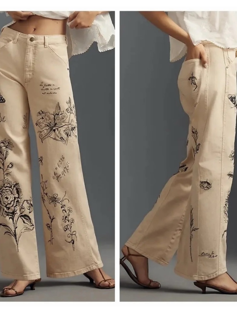 Pilcro Cream Wide-Leg Embroidered Pants Black Botanical Butterfly NWOT - Picture 2 of 13